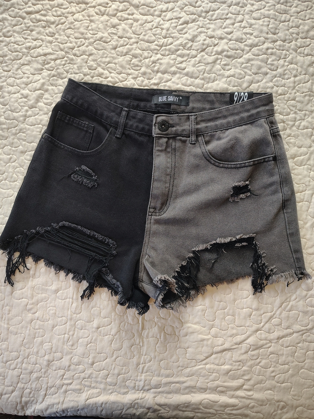 Blue Savvy Two-Tone Distressed Denim Shorts in Black/Gray